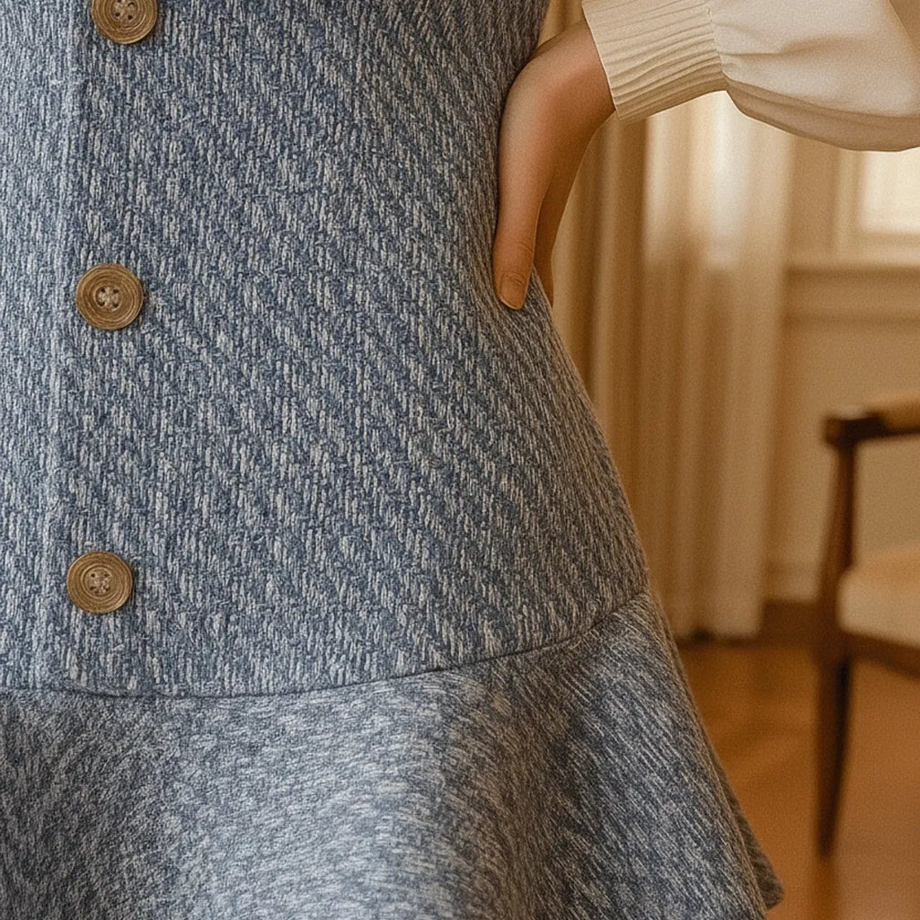 close up of blue tweed dress texture and button detail
