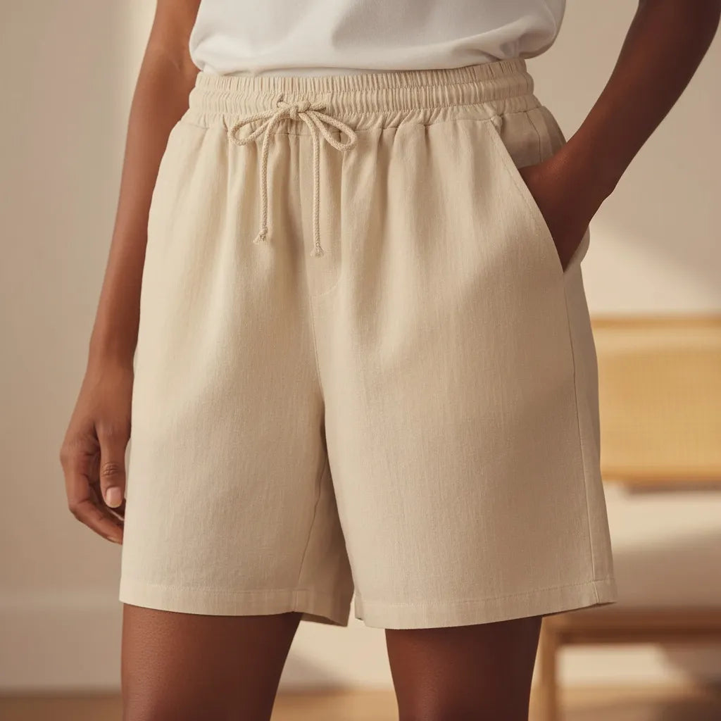 woman wearing beige linen shorts relaxed summer fit