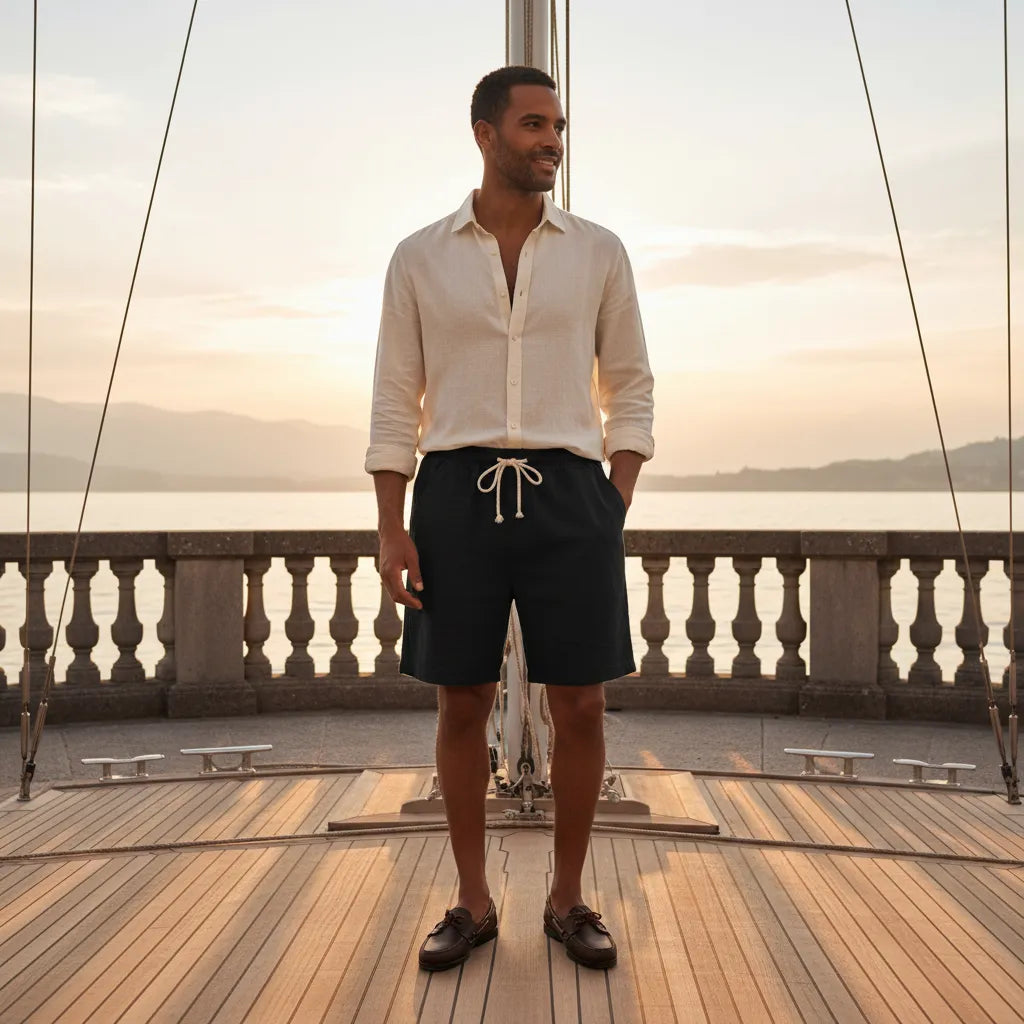 man wearing black linen shorts old money summer outfit