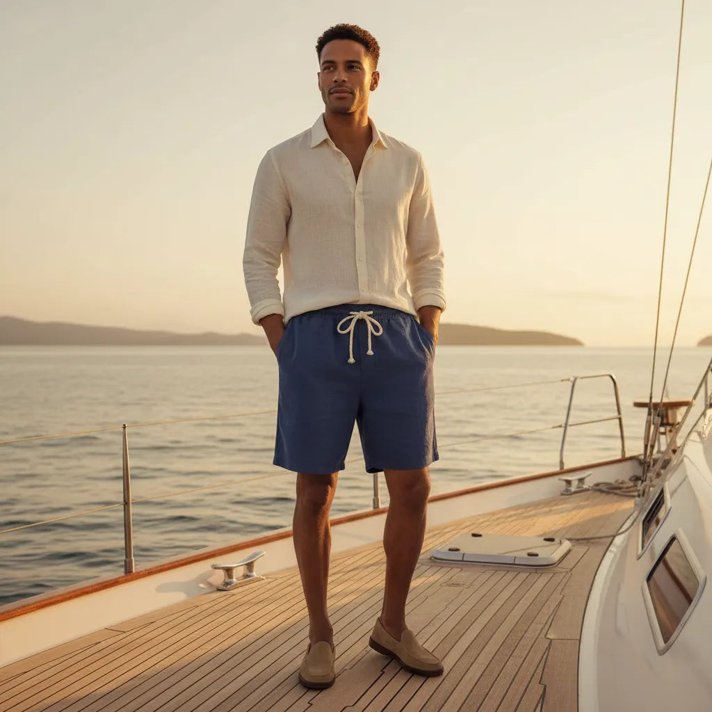 man wearing blue linen shorts summer terrace outfit
