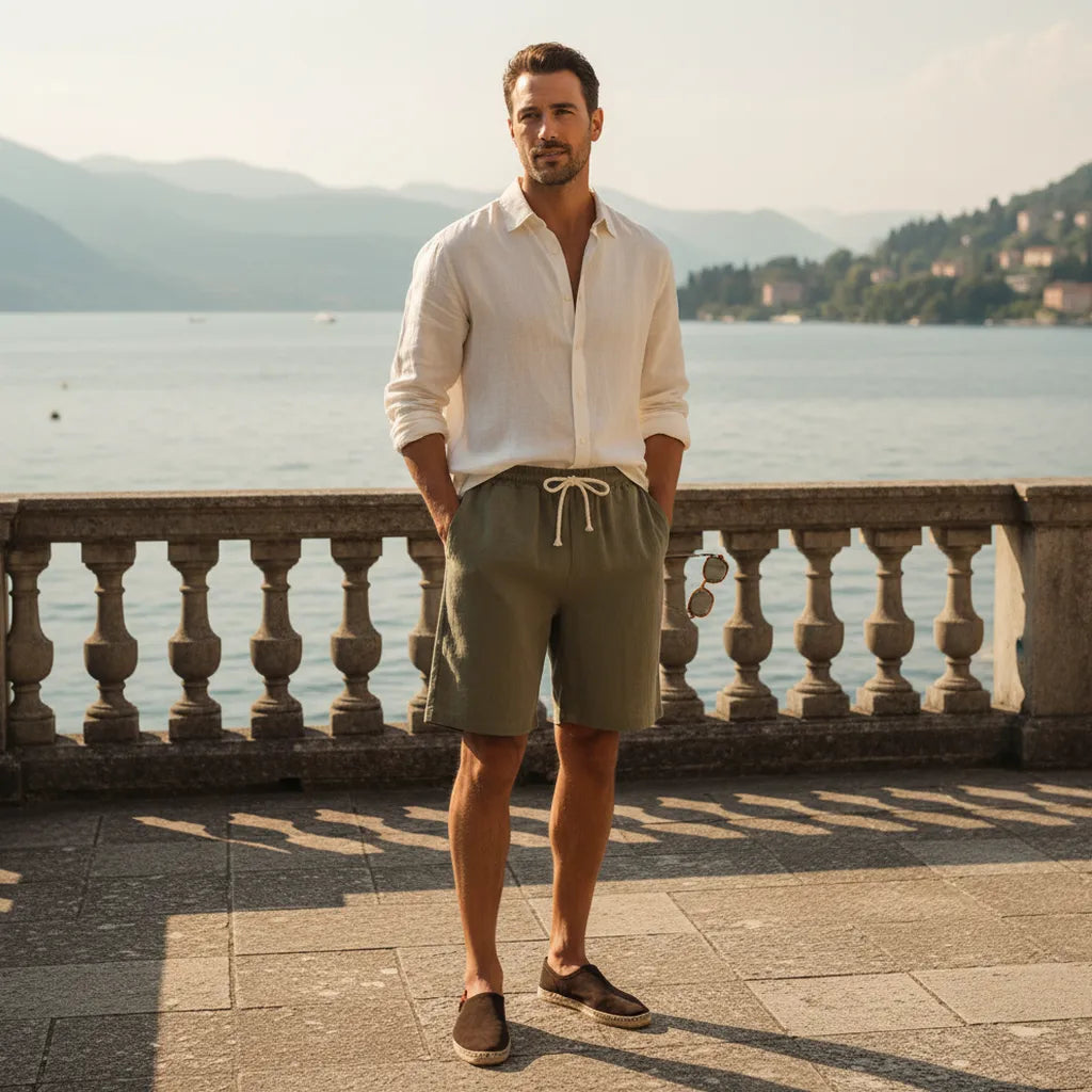 man wearing olive linen shorts old money outfit summer terrace