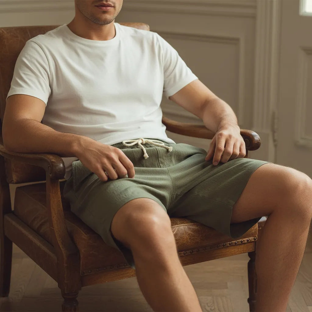 man sitting wearing olive linen shorts relaxed summer look