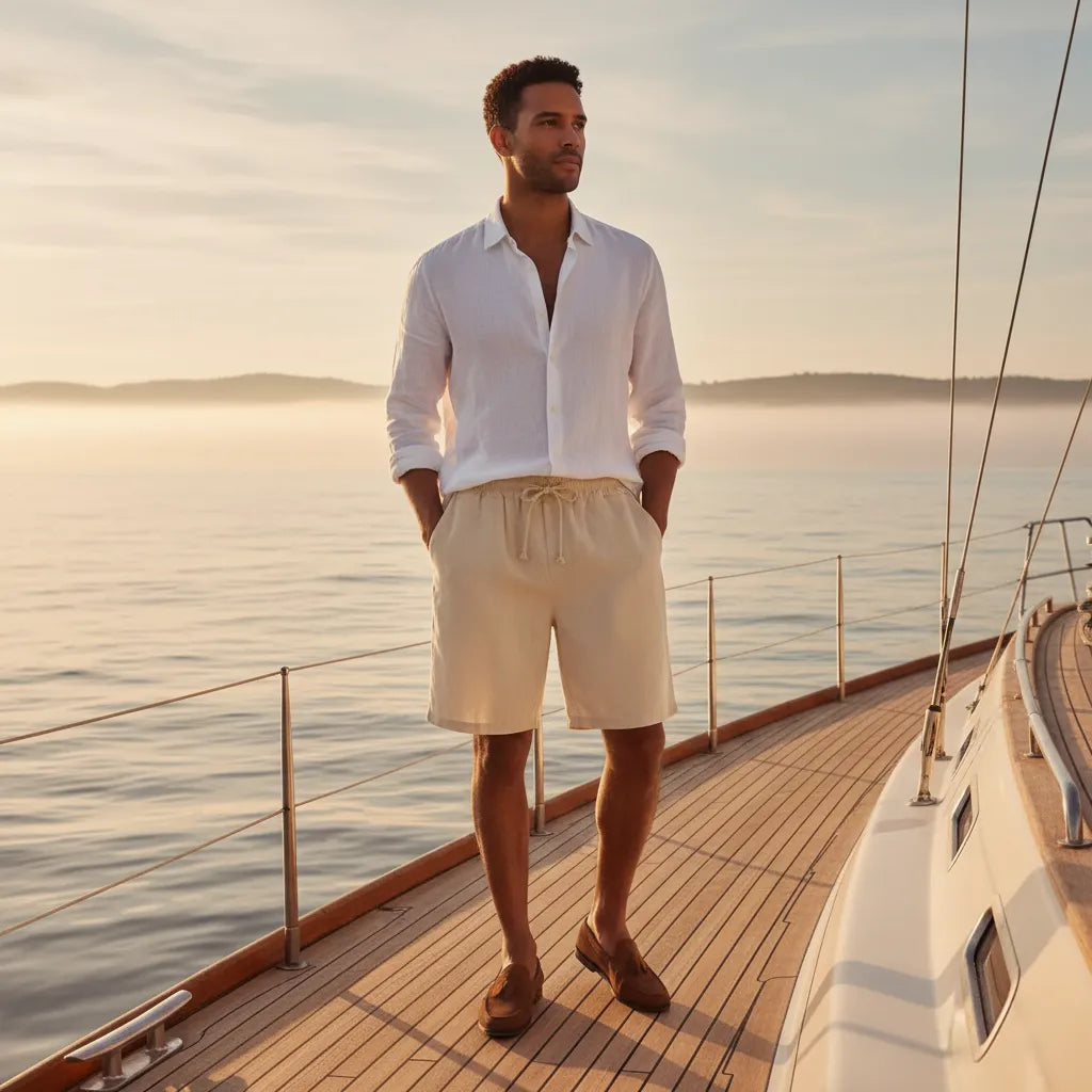 man wearing olive shorts old money style sunset coastal outfit